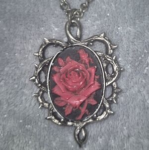 Metal Gothic Red Rose Cameo Surrounded by Thorns Pewter Pendant Necklace